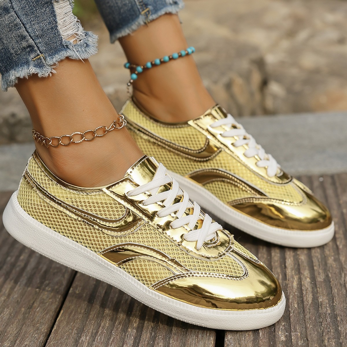 Knit Fabric Lace Up Sneakers - Nuevas zapatillas de deporte para mujer,