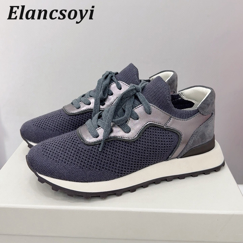 Knit Fabric Lace Up Sneakers - Zapatos planos para mujer, zapatillas transpirables