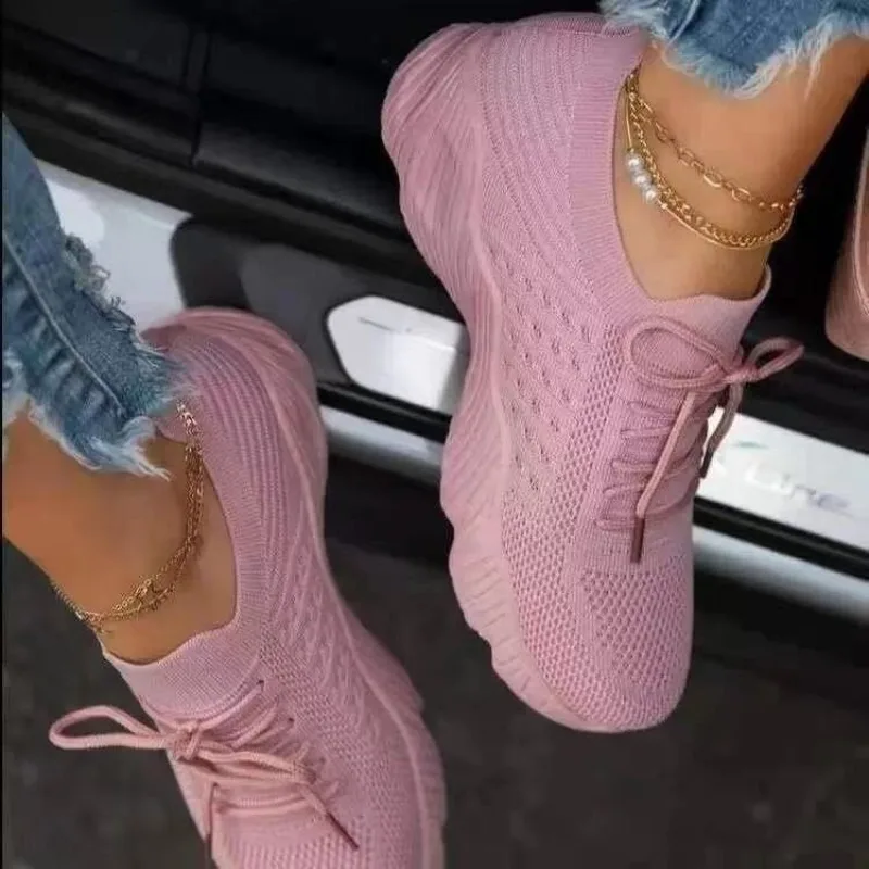 Knit Fabric Lace Up Sneakers - Zapatillas Deportivas Casuales de Punto para