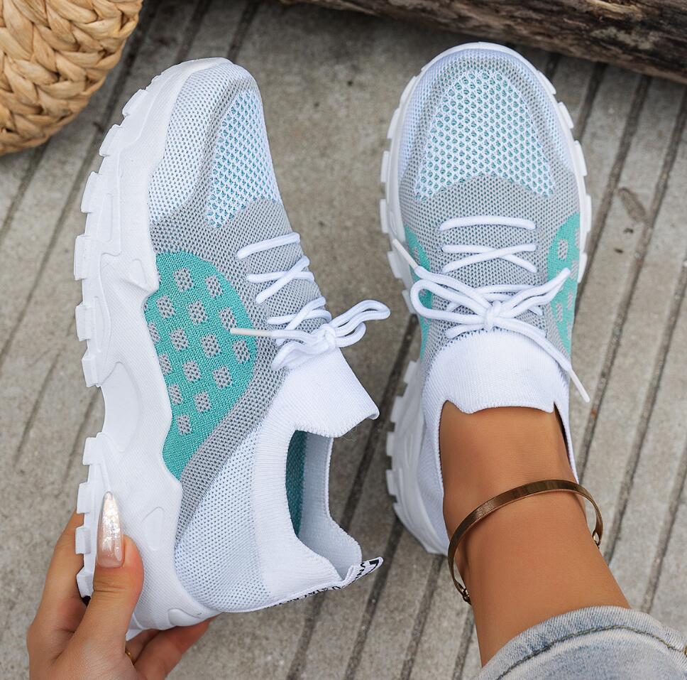 Knit Fabric Lace Up Sneakers - Zapatillas Deportivas de Malla Transpirable para