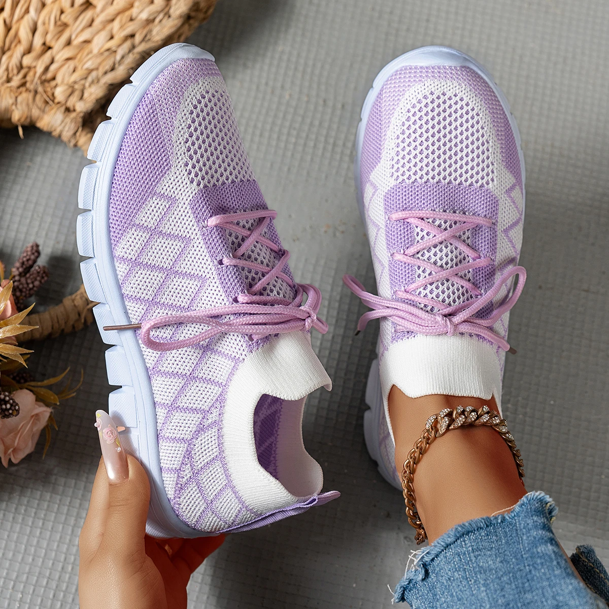 Knit Fabric Lace Up Sneakers - Zapatillas de deporte de punto para