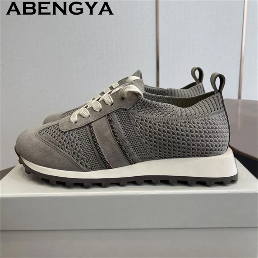 Knit Fabric Lace Up Sneakers - Zapatos Planos Casuales de Mujer con