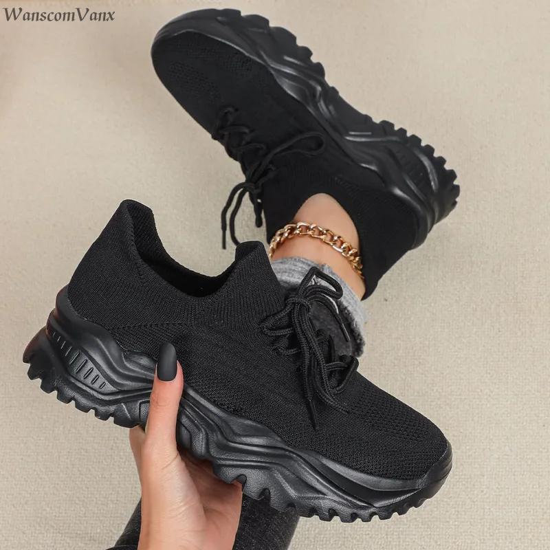 Knit Fabric Lace Up Sneakers - Zapatillas Deportivas de Plataforma con Suela
