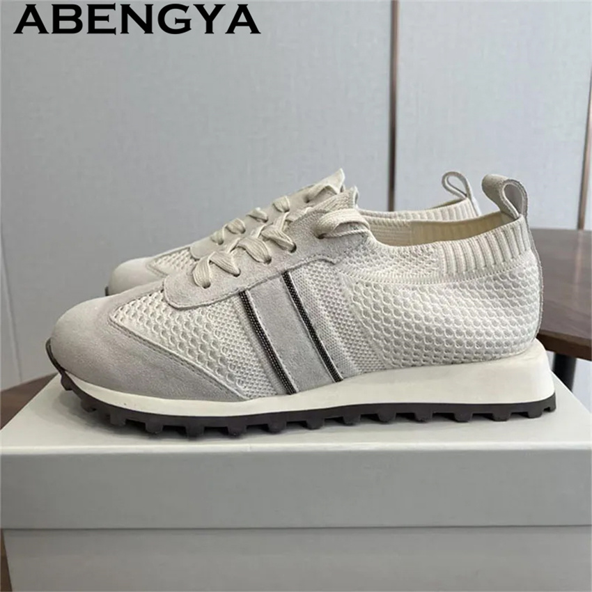 Zapatos Planos Casuales de Muj - Knit Fabric Lace Up Sneakers reseña y precio