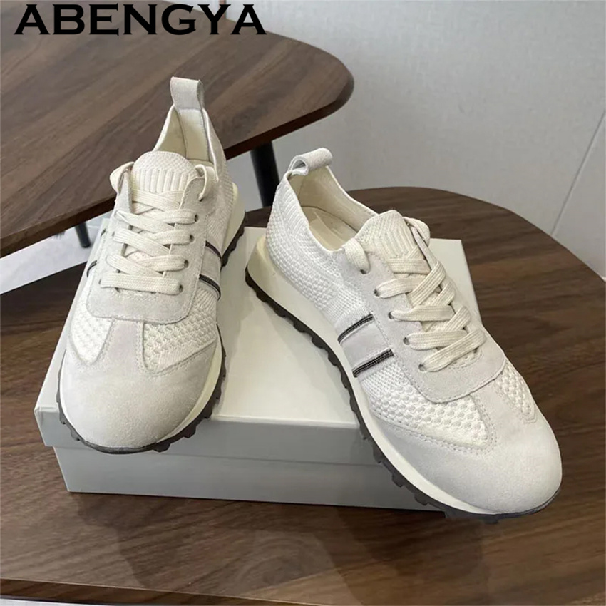 Zapatos Planos Casuales de Muj - Knit Fabric Lace Up Sneakers reseña y precio